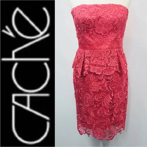 CACHE Coral Pink Floral Lace Peplum Strapless Dress EUC Size 8 - Picture 4 of 11